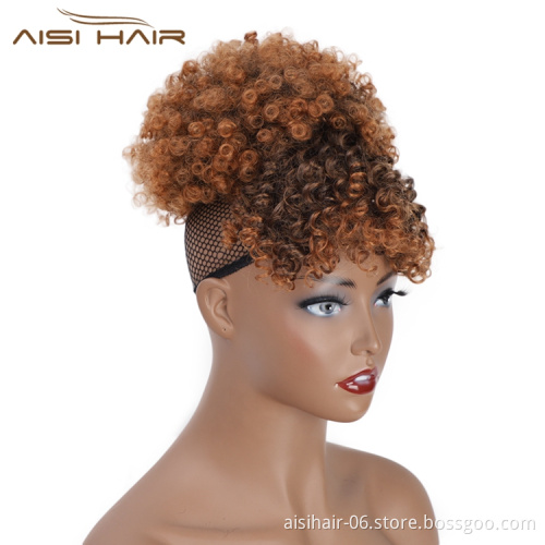 Aisi Hair Best Selling High Temperature Fiber Chignon With Bangs Kinky Curly Bun Hairpieces Short Afro Puff Updo Hair Extensions